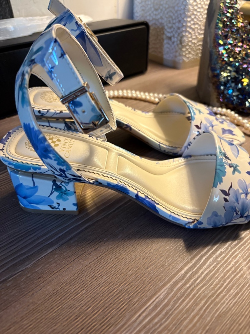 Vince Camuto Cream and Blue Floral Block Heel Sandals - Picture 3 of 5
